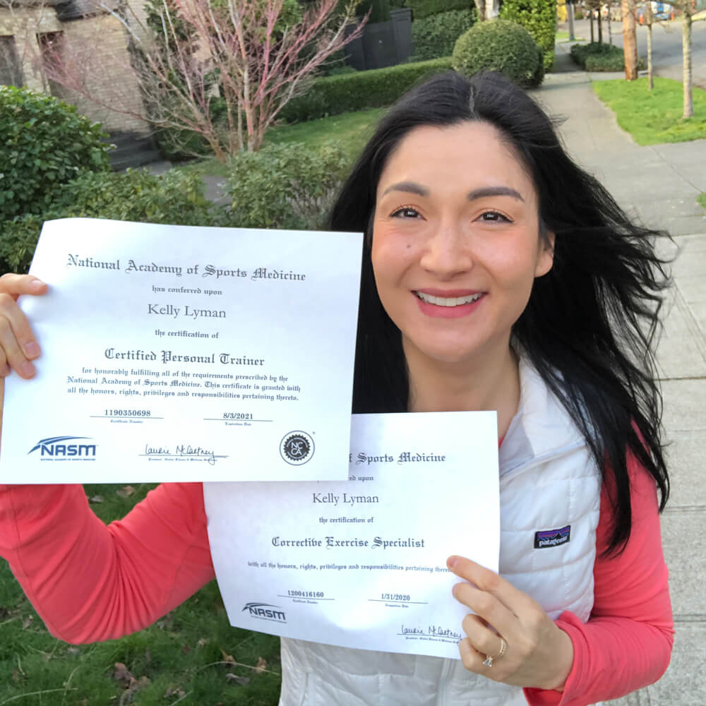 Kelly holds her official NASM certified personal trainer and corrective exercise certificates