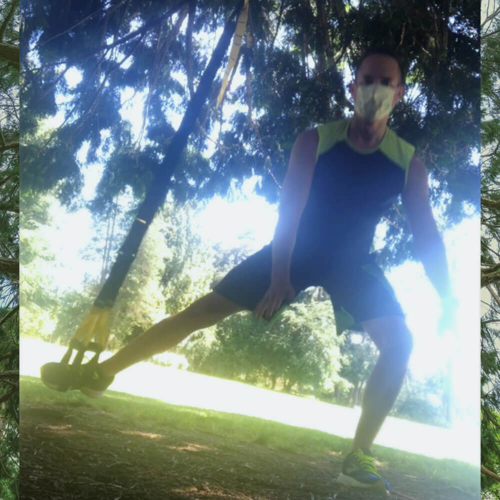 one-legged burpees under dogwood tree