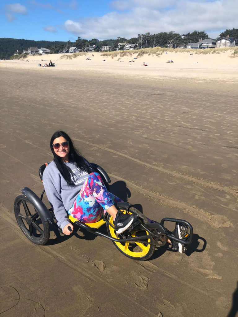 Balancing on a recumbent bicycle in Cannon Beach, Oregon