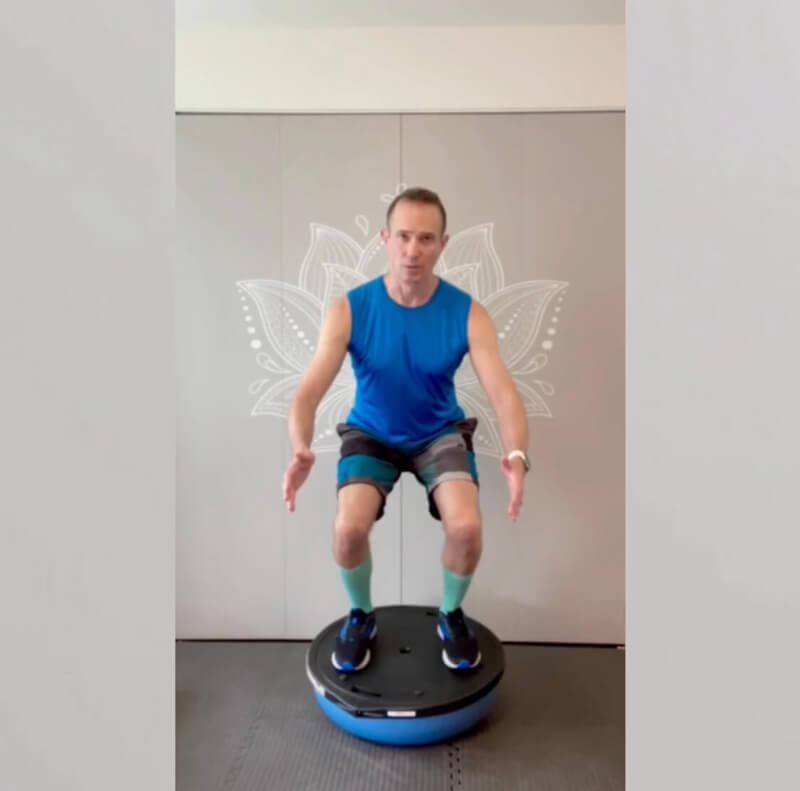 David demonstrates how to use a Bosu balance trainer